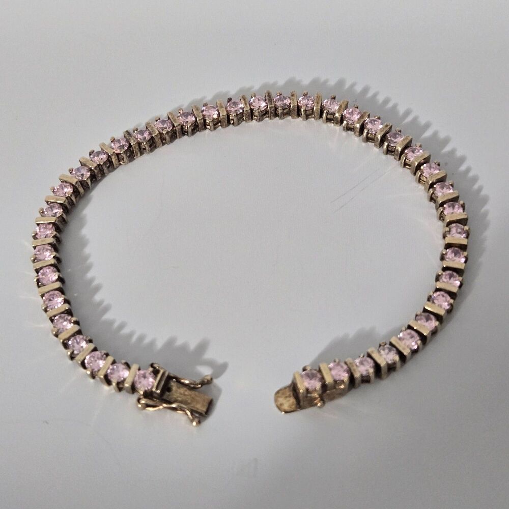 Sterling Silver 925 Yellow Gold Plated Pink CZ Tennis Bracelet 7.5” Marked CL
